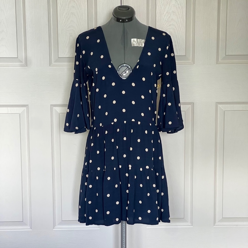 Faithfull the Brand Navy Blue Vintage Fresa White Polka Dot Dress Size 4 - Picture 4 of 12
